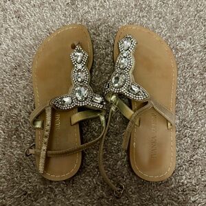 Ivanka Trump Rhinestone Gemstone Sandals Summer Neutral Taupe Tan Beige